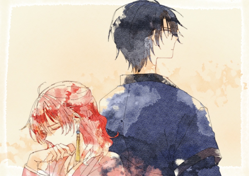 0819_chii, 1boy, 1girl, akatsuki_no_yona, back-to-back, black_eyes, black_hair, blue_shirt