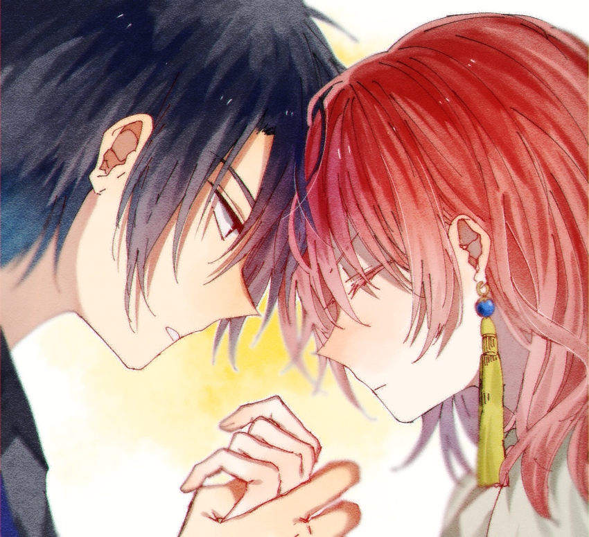 0819_chii, 1boy, 1girl, akatsuki_no_yona, black_eyes, black_hair, closed_eyes, closed_mouth