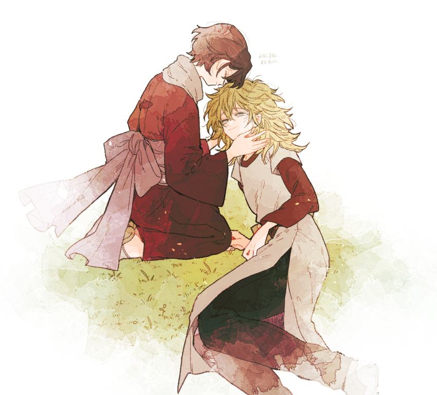 1boy, 1girl, akatsuki_no_yona, blonde_hair, blush, closed_eyes, ei_(gibeon), grass, grey_eyes, kaya_(akatsuki_no_yona), korean_clothes, long_hair, looking_at_viewer, red_hair, short_hair, smile, white_background, zeno_(akatsuki_no_yona)