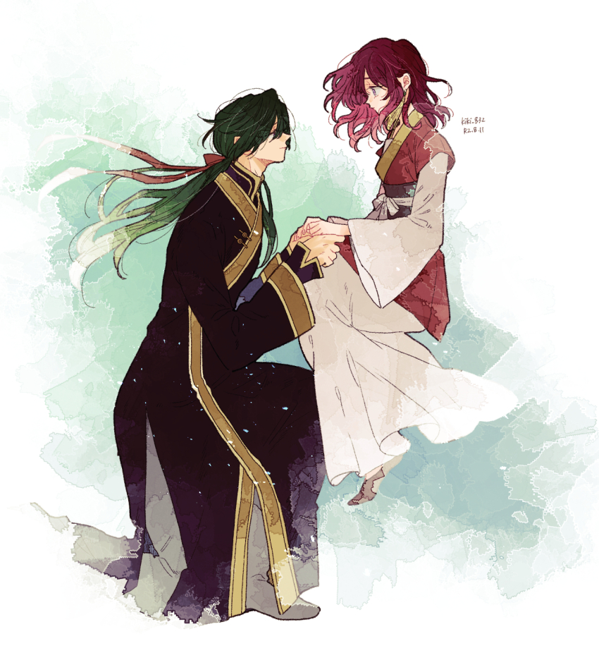 1boy, 1girl, akatsuki_no_yona, blue_background, ei_(gibeon), green_hair, hair_ribbon, hetero