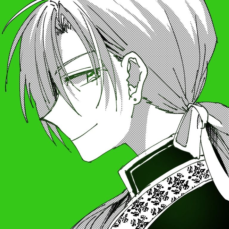 0819_chii, 1boy, akatsuki_no_yona, closed_mouth, earrings, green_background, green_theme, hair_ribbon