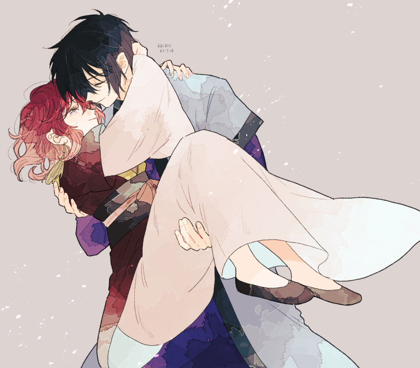 1boy, 1girl, akatsuki_no_yona, black_hair, carrying, closed_eyes, closed_mouth, ei_(gibeon)