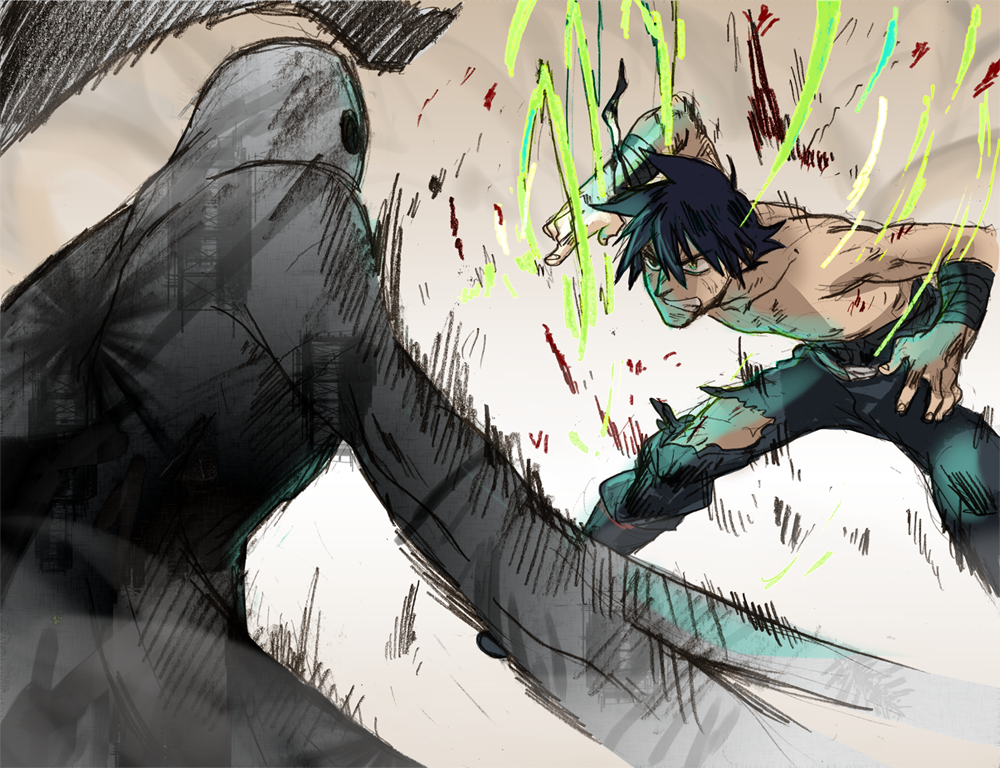 00s, 2boys, aged_up, antispiral, battle, blood, blue_hair, epic