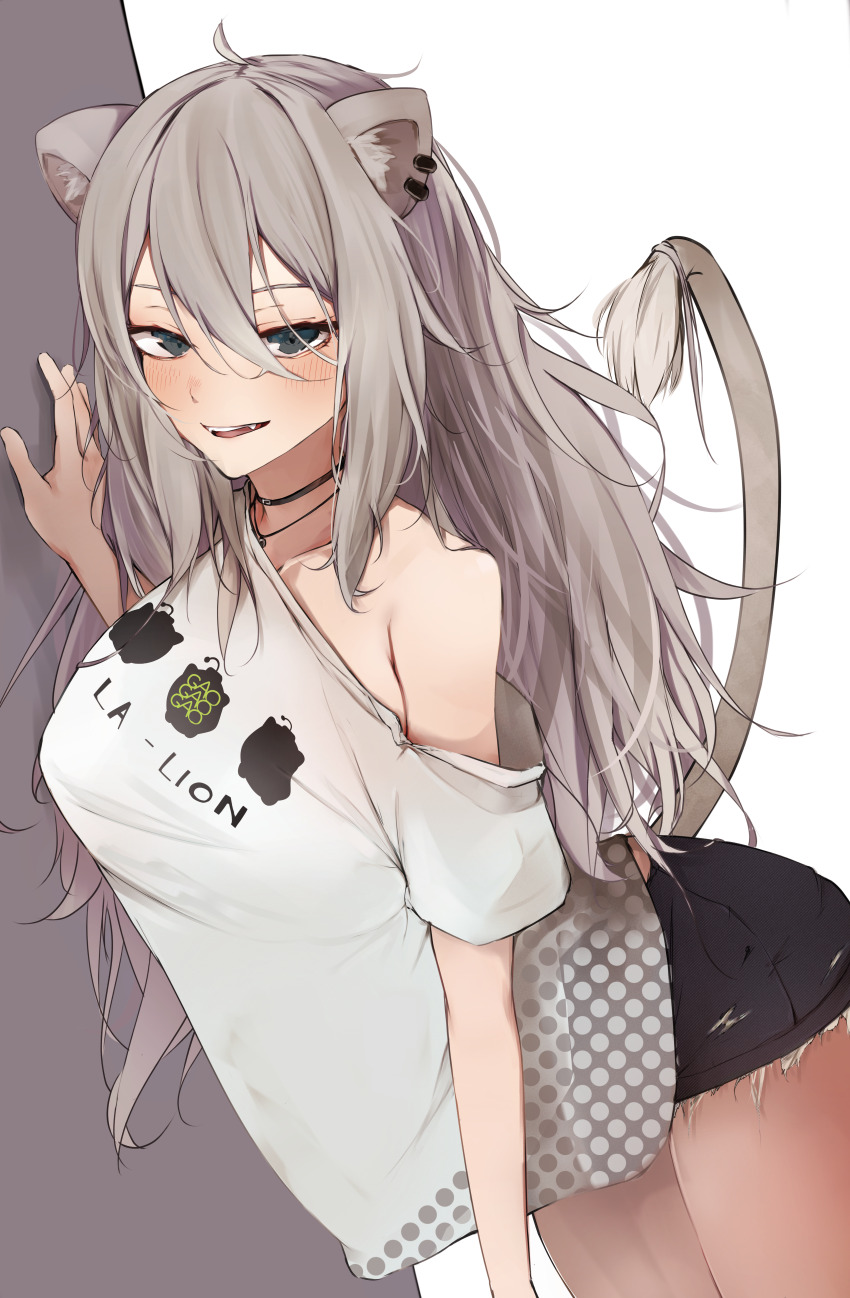 1girl, absurdres, alternate_hair_length_(longer), animal_ears, arched_back, black_choker, black_shorts, blush, breasts, choker, collarbone, commentary, ear_piercing, eye_contact, fang, frayed_clothes, grey_eyes, grey_hair, hair_between_eyes, highres, hololive, large_breasts, leaning_forward, lion_ears, lion_girl, lion_tail, long_hair, looking_at_another, looking_at_viewer, loose_clothes, loose_shirt, messy_hair, neclord_(suikoden), no_bra, off_shoulder, official_alternate_costume, official_alternate_hairstyle, open_mouth, piercing, shirt, shirt_overhang, shishiro_botan, shishiro_botan_(midnight_convenience_store), short_shorts, short_sleeves, shorts, simple_background, single_bare_shoulder, smile, solo, t-shirt, tail, taut_clothes, taut_shirt, teeth, tomboy, very_long_hair, virtual_youtuber, white_background, white_shirt, yukirei