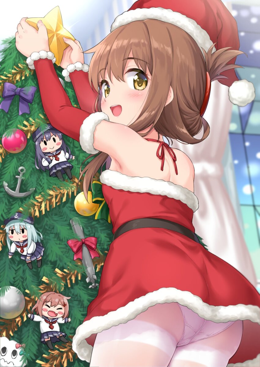 4girls, akatsuki_(kancolle), alternate_costume, anchor_symbol, ass, character_doll, christmas, christmas_ornaments, christmas_tree, detached_sleeves, doll, folded_ponytail, hat, hibiki_(kancolle), highres, ikazuchi_(kancolle), inazuma_(kancolle), indoors, kantai_collection, looking_at_viewer, looking_back, multiple_girls, neck_ribbon, off_shoulder, open_mouth, panties, pantyhose, ribbon, santa_costume, santa_hat, smile, star_(symbol), takoyaki_(takoyaki-batake), teeth, underwear, upper_teeth_only, white_panties, white_pantyhose
