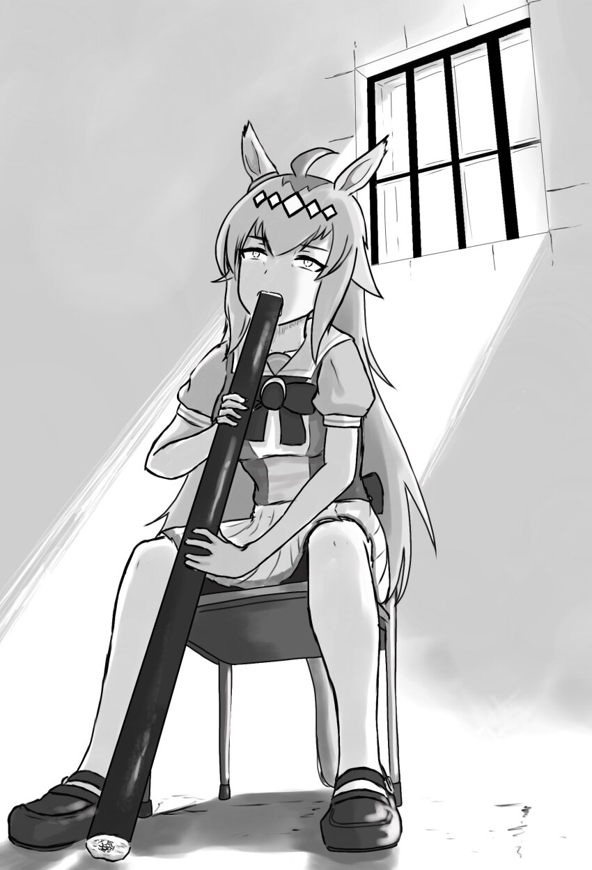 1girl, absurdres, ahoge, animal_ears, chair, eating, ehoumaki, food, gun_fellatio_(shingeki_no_kyojin), hair_between_eyes, hair_ornament, headband, highres, horse_ears, horse_tail, kannagi2001, long_hair, makizushi, meme, monochrome, neta, oguri_cap_(umamusume), on_chair, open_mouth, prison_cell, scene_reference, school_uniform, setsubun, shingeki_no_kyojin, shoes, sitting, solo, sushi, tail, thighhighs, tracen_school_uniform, umamusume, window