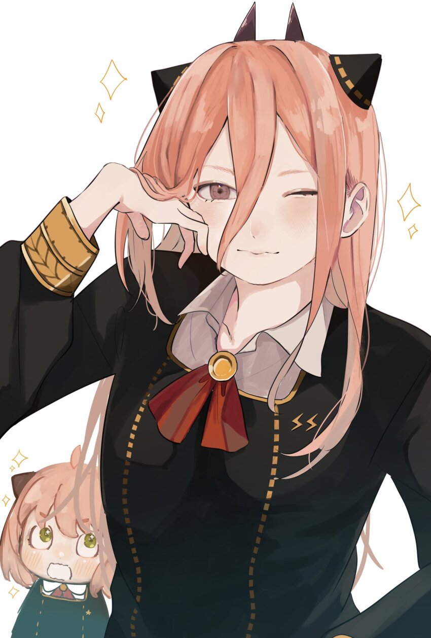 2girls, anya_(spy_x_family), anya_(spy_x_family)_(cosplay), black_jacket, chainsaw_man, child, cosplay, eden_academy_school_uniform