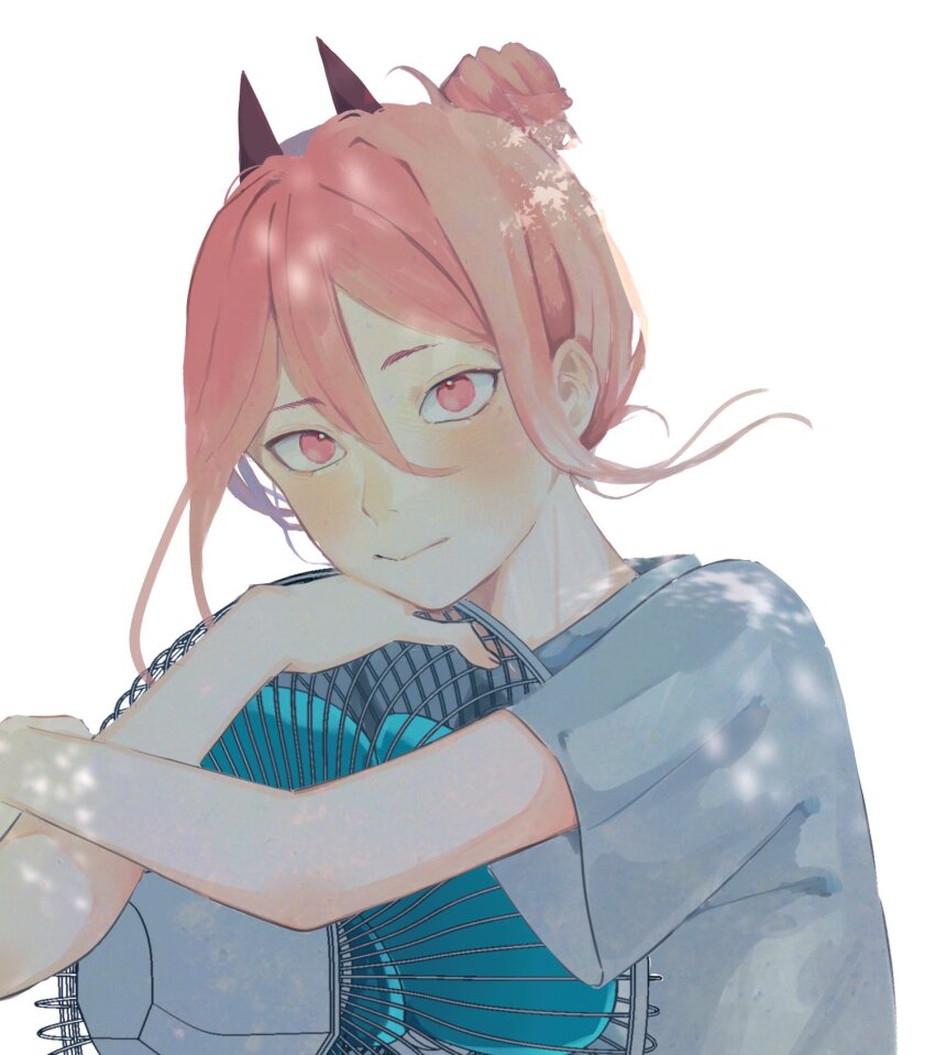 1girl, chainsaw_man, dappled_sunlight, electric_fan, gurukousu, hair_between_eyes, hair_bun, highres