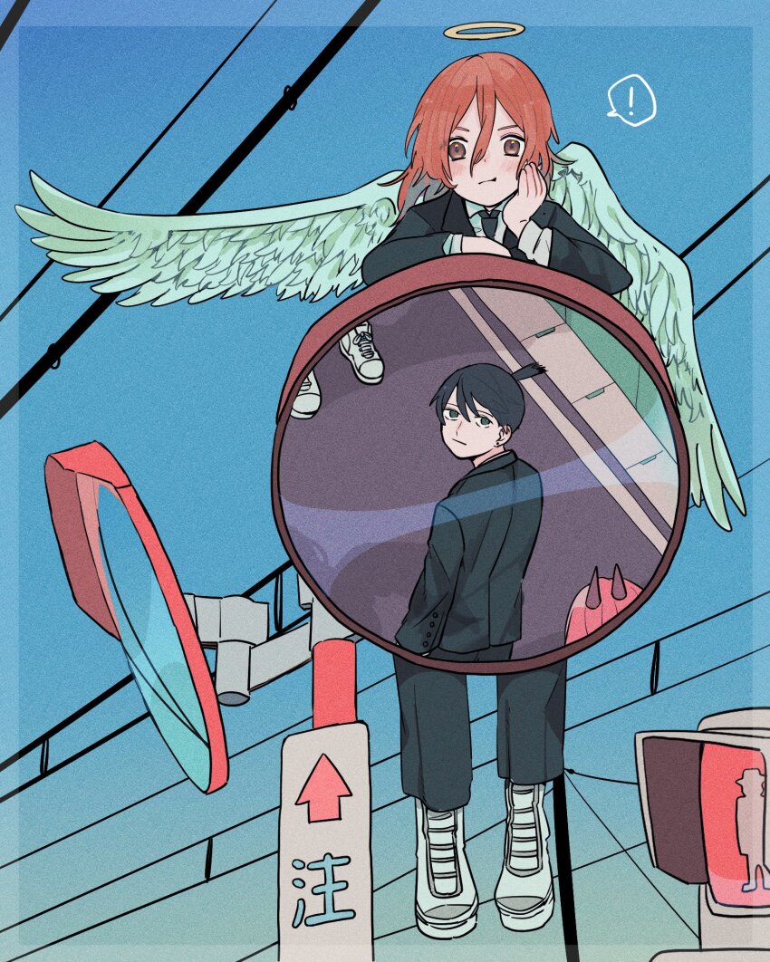 2boys, angel_devil_(chainsaw_man), angel_wings, black_hair, black_jacket, black_necktie, black_pants, blue_sky