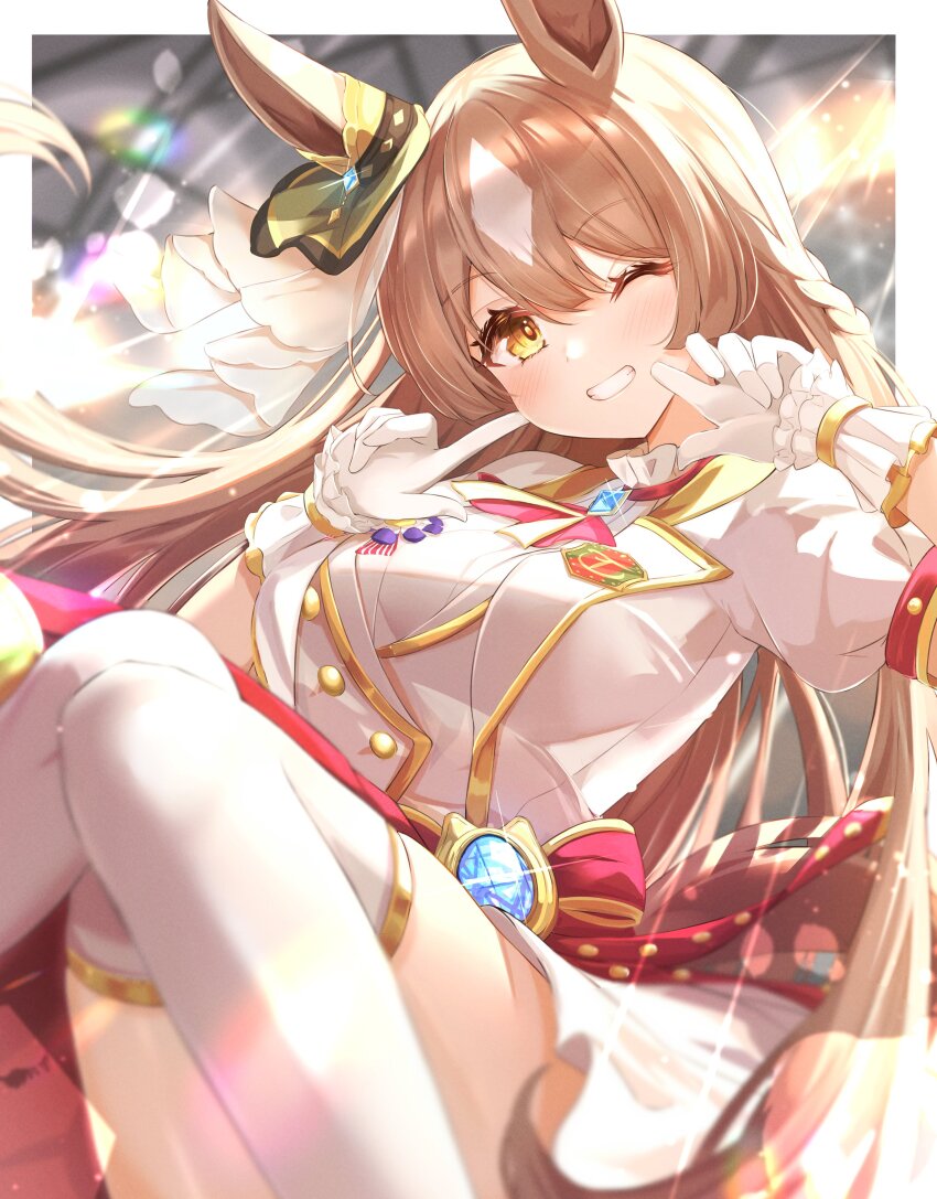 1girl, absurdres, animal_ears, ascot, blurry, blush, braid, breasts, brown_hair, depth_of_field, glint, gloves, grin, half_up_braid, hands_up, highres, horse_ears, horse_girl, horse_tail, jacket, large_breasts, long_hair, looking_at_viewer, new_stars_rose_(umamusume), one_eye_closed, open_clothes, open_jacket, pointing, pointing_at_self, puffy_short_sleeves, puffy_sleeves, satono_diamond_(umamusume), shirt, short_sleeves, skirt, sky_cappuccino, smile, solo, tail, thighhighs, umamusume, vest, white_gloves, white_jacket, white_shirt, white_thighhighs, white_vest, yellow_eyes