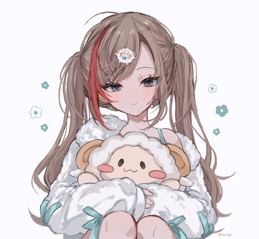 1girl, :3, ahoge, aqua_bow, blue_eyes, blush, bow, brown_hair