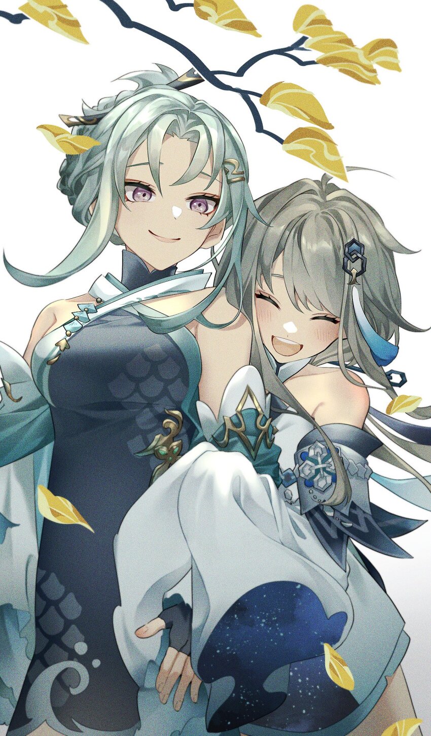 2girls, ^_^, ^o^, aged_down, ahoge, aqua_hair, bare_shoulders, black_dress