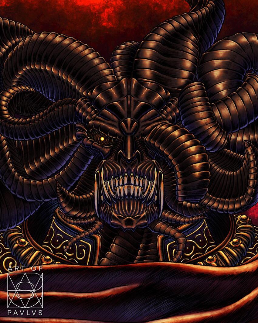 1boy, armor, artist_name, black_armor, black_skin, colored_skin, elden_ring, highres, horns, looking_at_viewer, mohg_lord_of_blood, no_pupils, one-eyed, pavlvsjp, red_background, sharp_teeth, solo, teeth