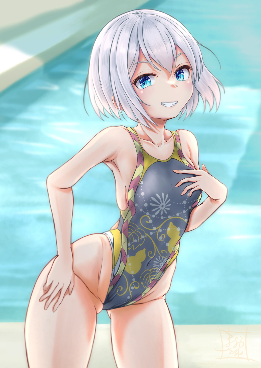 1girl, absurdres, blue_eyes, breasts, competition_swimsuit, cowboy_shot, grey_hair, grey_one-piece_swimsuit