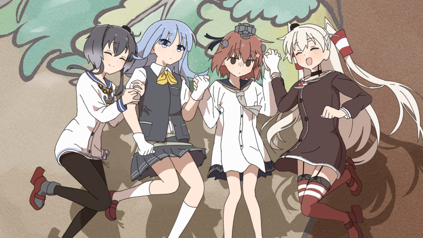 4girls, amatsukaze_(kancolle), anchor_ornament, black_hair, black_pantyhose, blue_eyes, blue_hair, blue_sailor_collar
