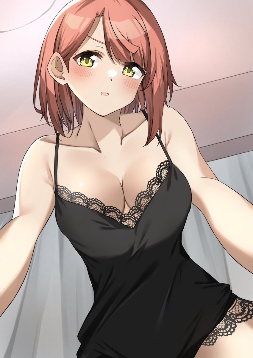 1girl, bare_shoulders, bien_(djpwjd1), black_negligee, blunt_bangs, blush, breasts, cleavage, collarbone, highres, lingerie, love_live!, love_live!_nijigasaki_high_school_idol_club, medium_breasts, negligee, pout, red_hair, solo, swept_bangs, uehara_ayumu, underwear, underwear_only, yellow_eyes