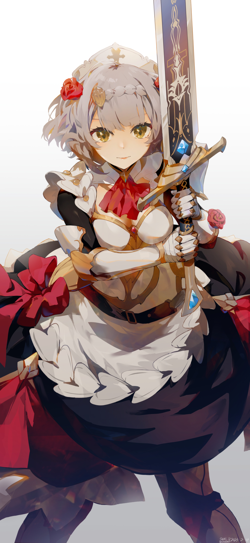 1girl, absurdres, apron, armor, armored_dress, ascot, black_dress, breastplate