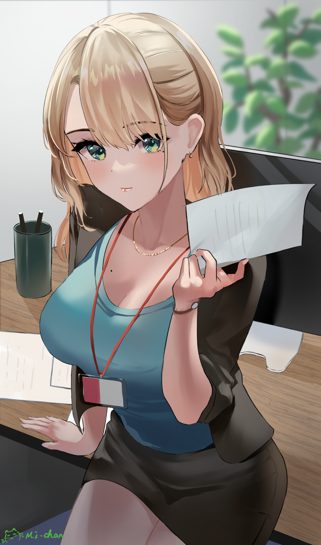 1girl, asymmetrical_bangs, black_jacket, black_skirt, blonde_hair, blue_shirt, blush, breasts