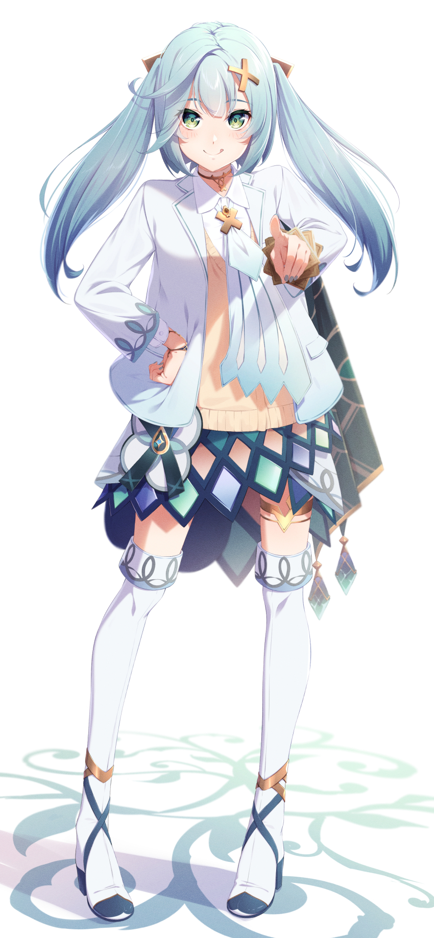 1girl, :q, absurdres, adapted_costume, aqua_hair, aqua_nails, boots, bracelet