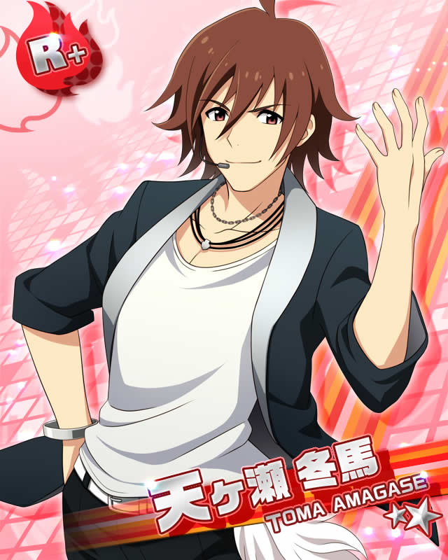 1boy, ahoge, amagase_touma, belt, blackish_961sp_(idolmaster), bracelet, brown_eyes, brown_hair, card_(medium), fingernails, hair_between_eyes, hand_up, idolmaster, idolmaster_side-m, jewelry, looking_at_viewer, male_focus, official_art, open_clothes, open_shirt, shirt, smile, third-party_source, white_shirt