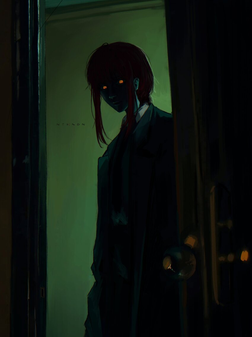 1girl, absurdres, artist_name, black_coat, chainsaw_man, coat, dark, doorway