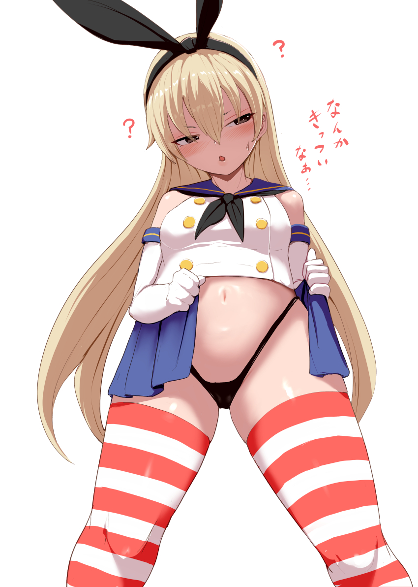 1girl, ?, absurdres, black_hairband, black_neckerchief, black_panties, blonde_hair, blue_sailor_collar