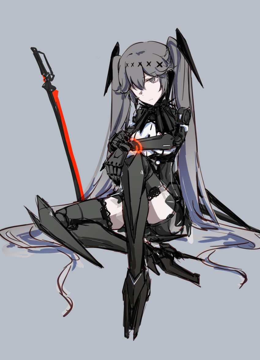 1girl, absurdres, beizhi, bracelet, greyscale, hair_between_eyes, hair_ornament, headgear, highres, jewelry, katana, long_hair, lucia:_dawn_(gothic)_(pgr), lucia_(pgr), mechanical_arms, mechanical_legs, monochrome, punishing:_gray_raven, spot_color, sword, twintails, ucia:_dawn_(gothic)_(pgr), very_long_hair, weapon, x_hair_ornament