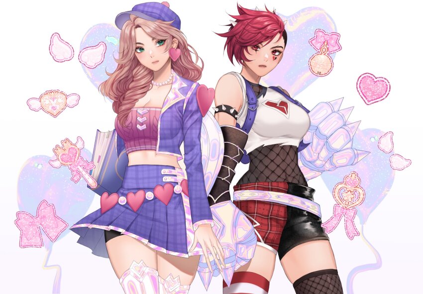 2girls, armlet, asymmetrical_legwear, bare_shoulders, bead_necklace, beads, black_shorts, bow