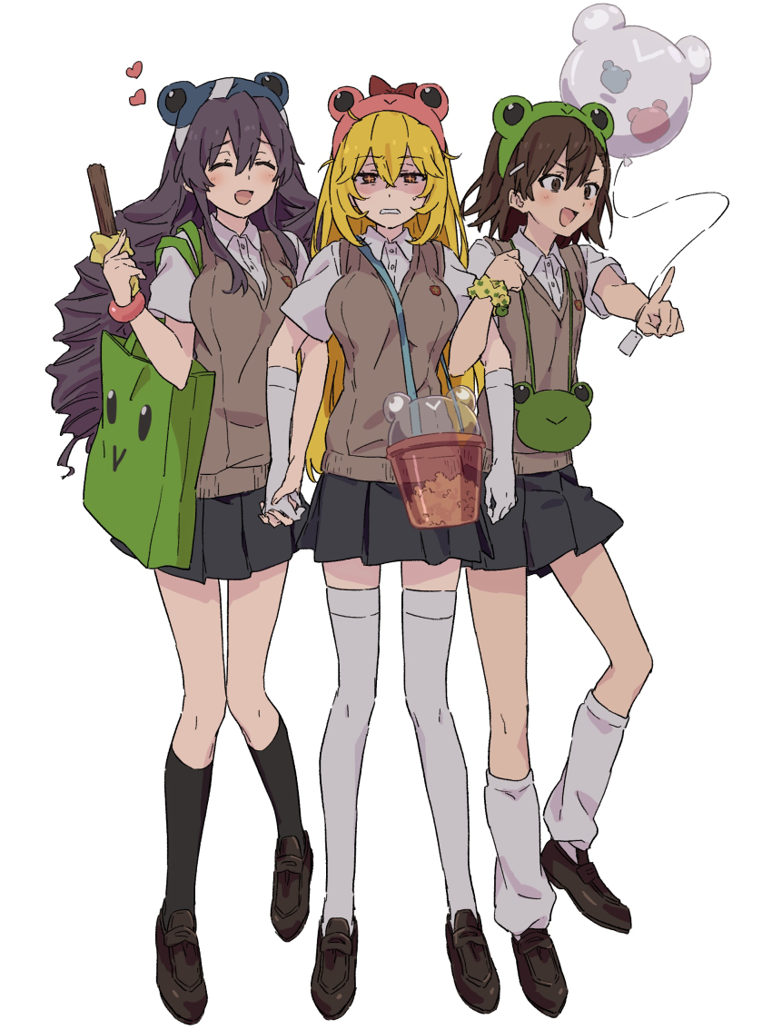 +_+, 3girls, :d, ^_^, absurdres, animal_print, astral_buddy, bag, black_socks, blonde_hair, brown_eyes, brown_hair, closed_eyes, commentary_request, frog_print, gekota, gloves, grey_hair, highres, hokaze_junko, holding, holding_hands, locked_arms, loose_socks, misaka_mikoto, multiple_girls, open_mouth, print_scrunchie, purple_hair, pyonko, school_uniform, scrunchie, shokuhou_misaki, short_hair, short_sleeves, simple_background, skirt, smile, socks, sweater_vest, teruya_(6w6y), thighhighs, toaru_kagaku_no_railgun, toaru_majutsu_no_index, tokiwadai_school_uniform, white_background, white_gloves, white_socks, wrist_scrunchie