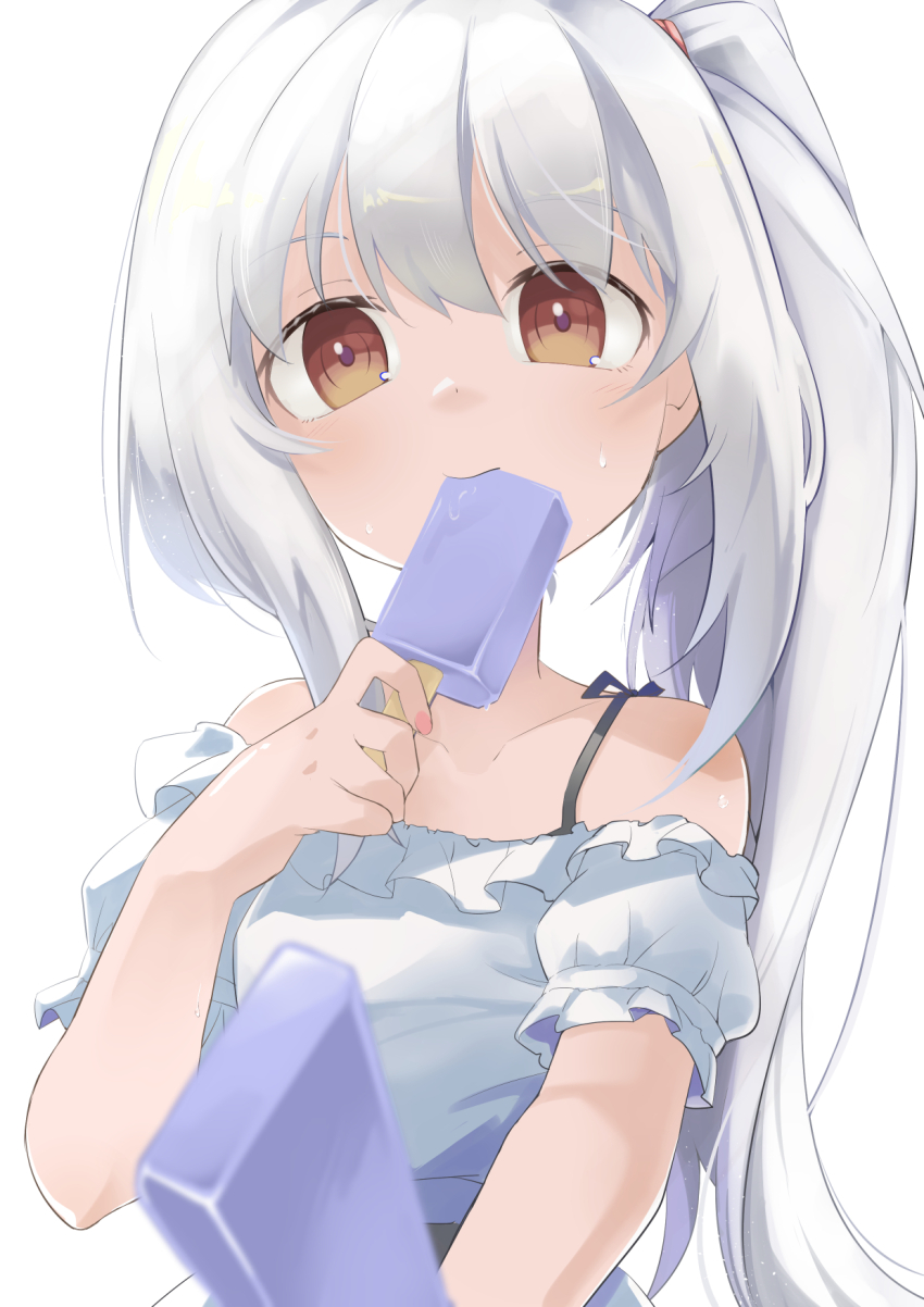 bare_shoulders, collarbone, detached_sleeves, dress, eating, facing_viewer, food, food_in_mouth