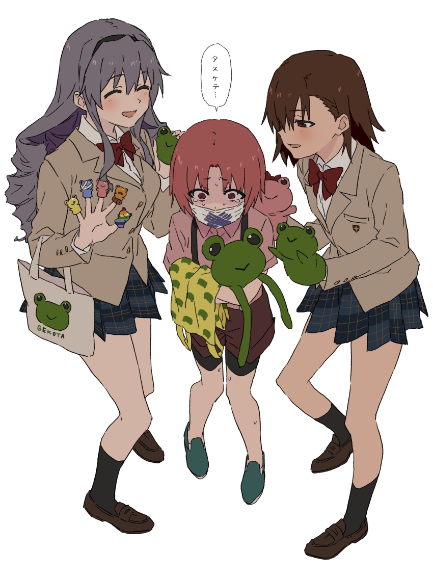 3girls, @_@, ^_^, absurdres, animal_print, astral_buddy, bag, bike_shorts, black_socks, blazer, blue_footwear, blue_hair, blush, bow, bowtie, breasts, brown_eyes, brown_footwear, brown_hair, brown_shorts, checkered_clothes, checkered_skirt, closed_eyes, collared_shirt, commentary_request, drill_hair, frog_print, full_body, gekota, grey_hair, hairband, hand_puppet, highres, hokaze_junko, iizumi_rita, invisible_floor, jacket, loafers, long_hair, long_sleeves, mask, medium_breasts, merchandise, miniskirt, misaka_mikoto, mouth_mask, multiple_girls, no_socks, open_mouth, parted_bangs, pink_eyes, pink_hair, pink_shirt, plaid_clothes, plaid_skirt, pleated_skirt, puppet, pyonko, red_bow, red_bowtie, school_uniform, shirt, shoes, short_hair, short_sleeves, shorts, simple_background, skirt, small_breasts, smile, socks, speech_bubble, standing, stuffed_animal, stuffed_frog, stuffed_toy, surgical_mask, suspender_shorts, suspenders, sweat, tearing_up, teruya_(6w6y), toaru_kagaku_no_railgun, toaru_kagaku_no_railgun_t, toaru_majutsu_no_index, tokiwadai_school_uniform, translated, white_background, white_shirt, wing_collar