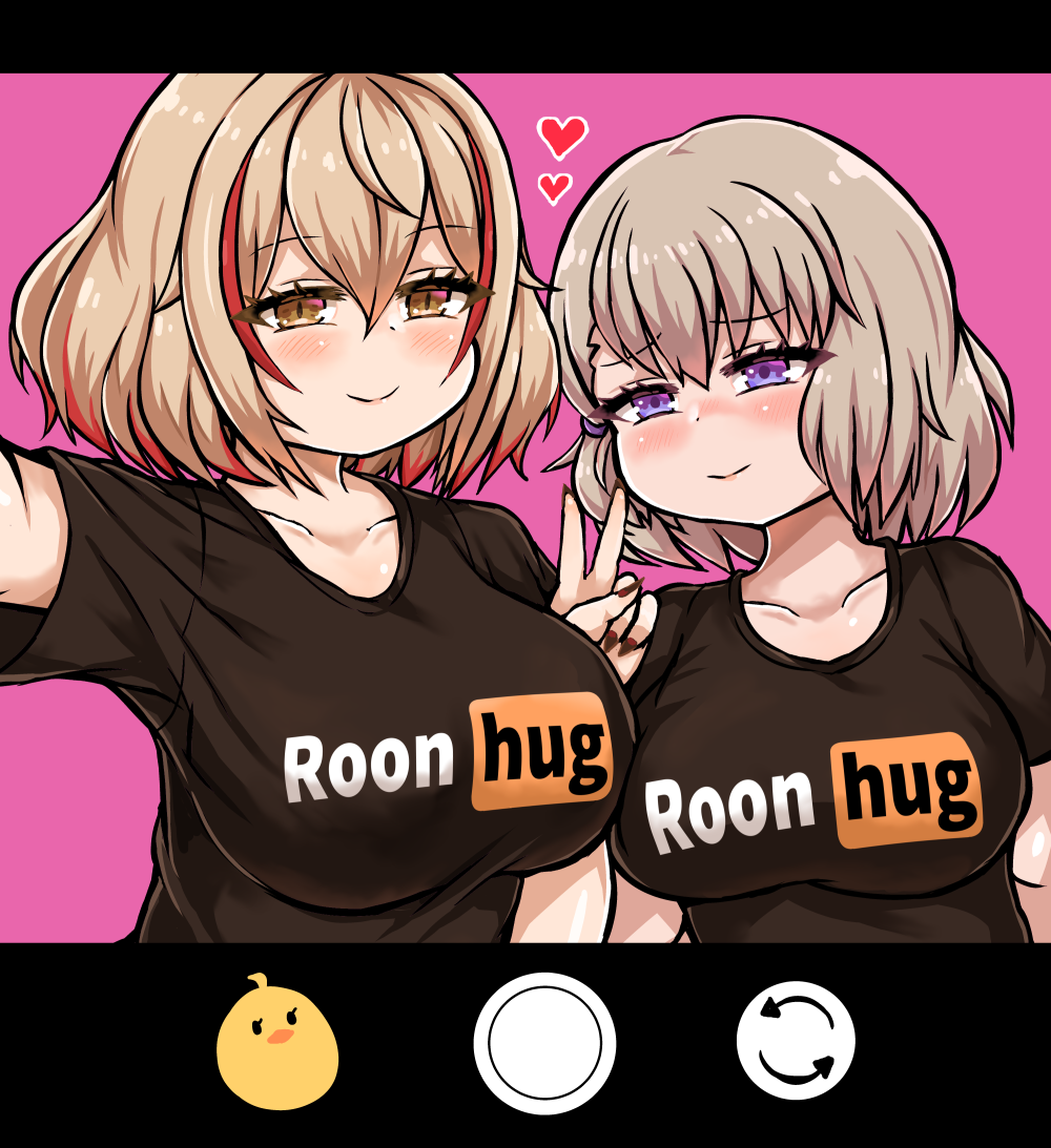 2girls, azur_lane, black_shirt, blonde_hair, blue_eyes, blush, brand_name_imitation, breasts, brown_eyes, closed_mouth, clothes_writing, collarbone, commentary_request, commission, fingernails, hair_between_eyes, heart, large_breasts, long_fingernails, looking_at_viewer, manjuu_(azur_lane), multicolored_hair, multiple_girls, pink_background, pornhub, reaching, reaching_towards_viewer, roon_(azur_lane), sassa_(onion), selfie, shirt, short_hair, short_sleeves, sidelocks, simple_background, skeb_commission, smile, standing, streaked_hair, t-shirt, taking_picture, upper_body, v, viewfinder, z23_(azur_lane)