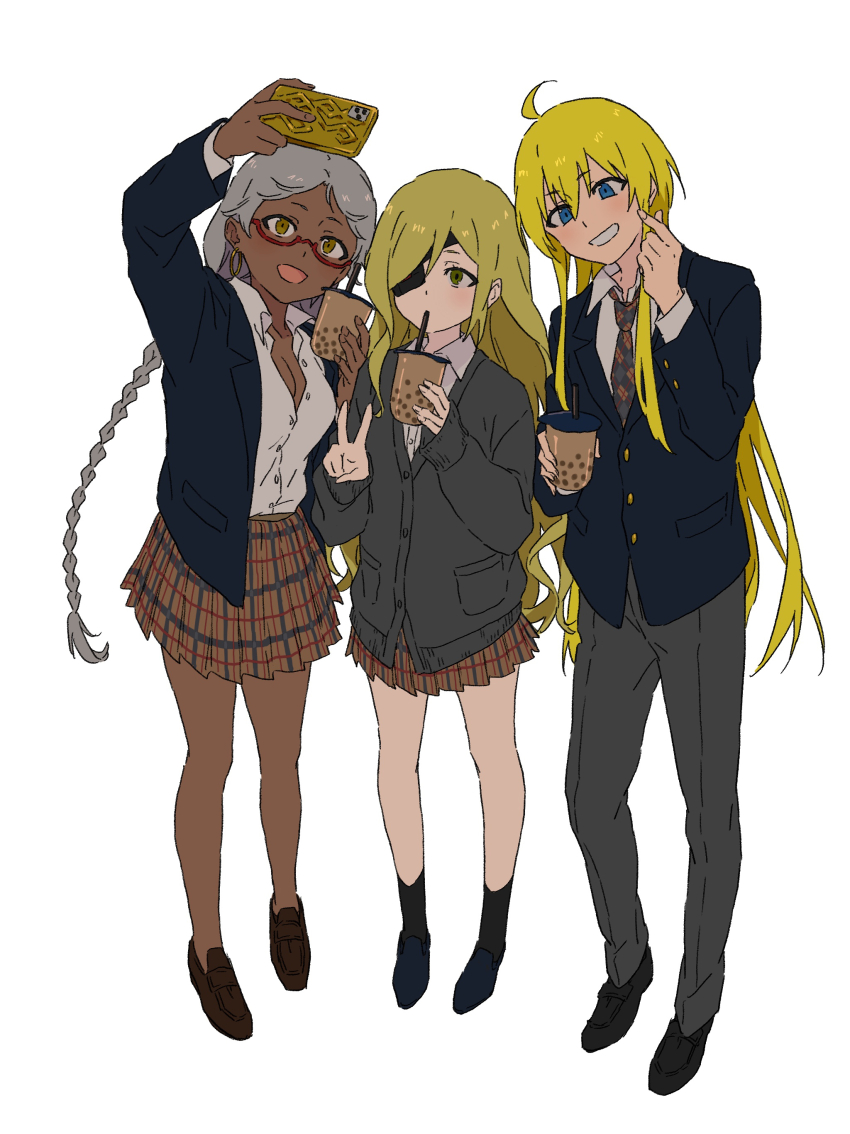 1boy, 2girls, :d, absurdres, ahoge, alternate_costume, arm_up, black_cardigan
