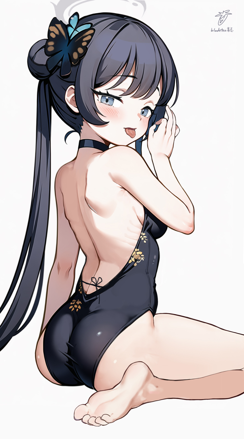 1girl, ass, bare_back, bare_legs, bare_shoulders, barefoot, black_choker, black_hair, bladetea, blue_archive, blush, breasts, butterfly_hair_ornament, china_dress, chinese_clothes, choker, dress, feet, grey_background, grey_eyes, grey_halo, hair_ornament, half-closed_eyes, halo, highres, kisaki_(blue_archive), loli, long_hair, looking_at_viewer, looking_back, saliva, saliva_trail, simple_background, sitting, small_breasts, soles, solo, suggestive_gesture, thighs, toes, tongue, tongue_out, twintails, very_long_hair, wariza, white_background