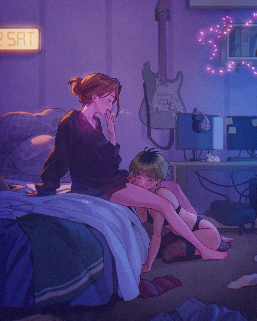 2girls, artist_name, bed, brown_hair, cigarette, closed_eyes, computer, desk