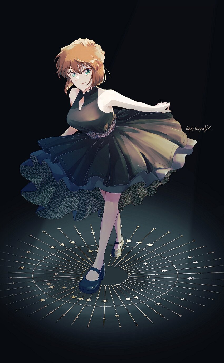 1girl, absurdres, alternate_breast_size, alternate_costume, artist_name, astrayin, bare_arms, bare_shoulders