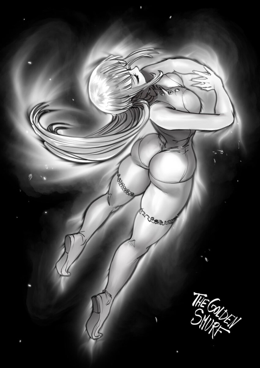 1girl, arched_back, ass, aura, blunt_bangs, breasts, closed_eyes, commentary