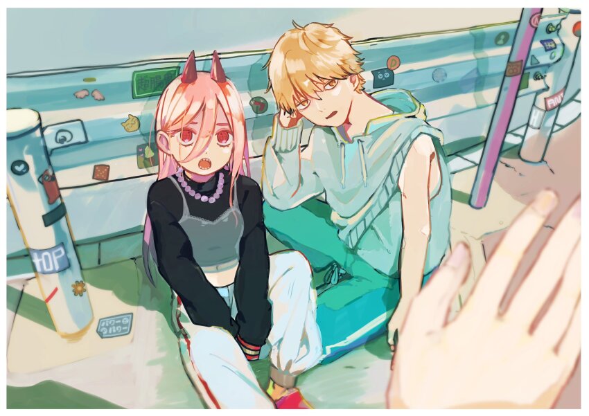 1boy, 1girl, bead_necklace, beads, black_jacket, blonde_hair, camisole, camisole_over_clothes