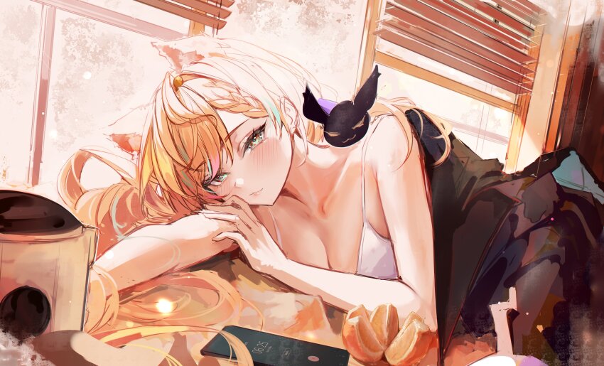 1girl, absurdres, animal_ears, blonde_hair, bra, braid, breasts, cat_ears