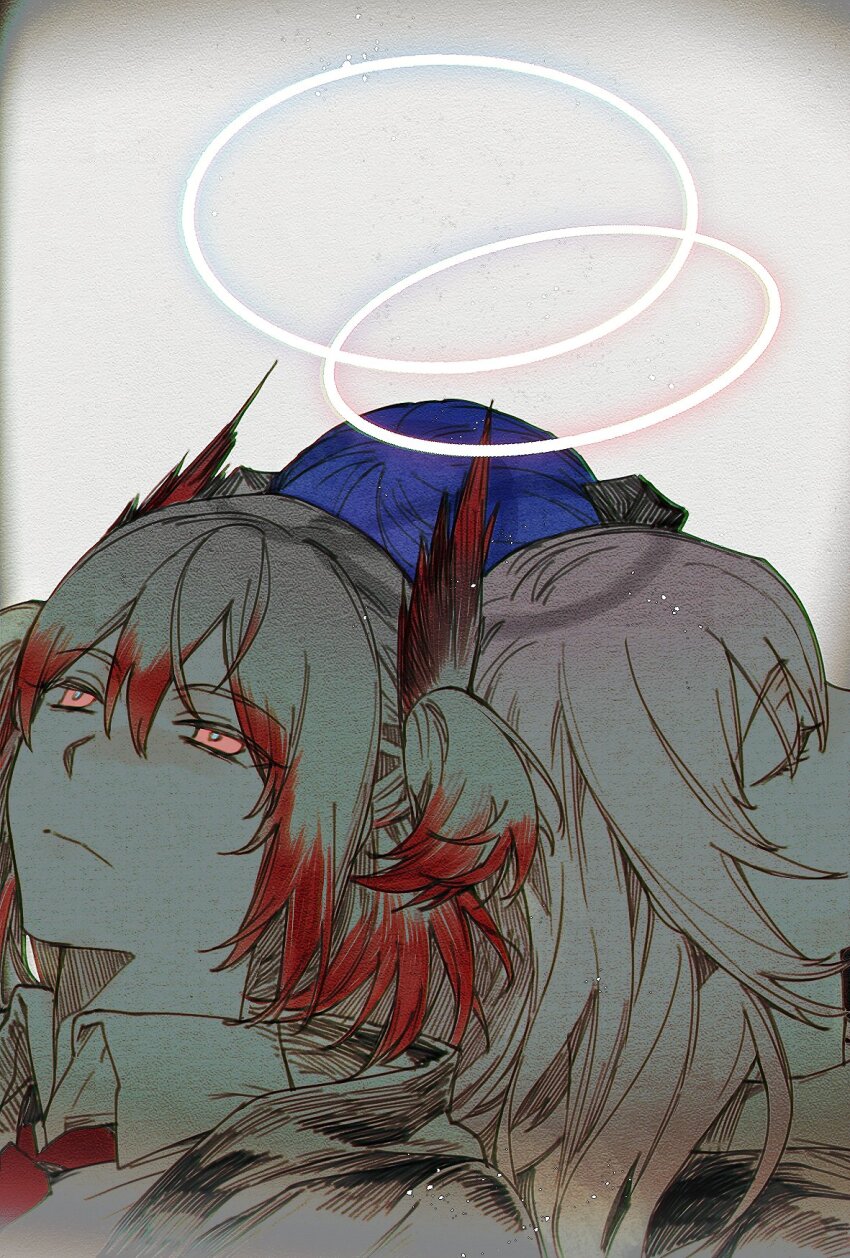 3girls, arknights, back-to-back, bird_girl, blue_hair, bright_pupils, closed_eyes, collared_shirt