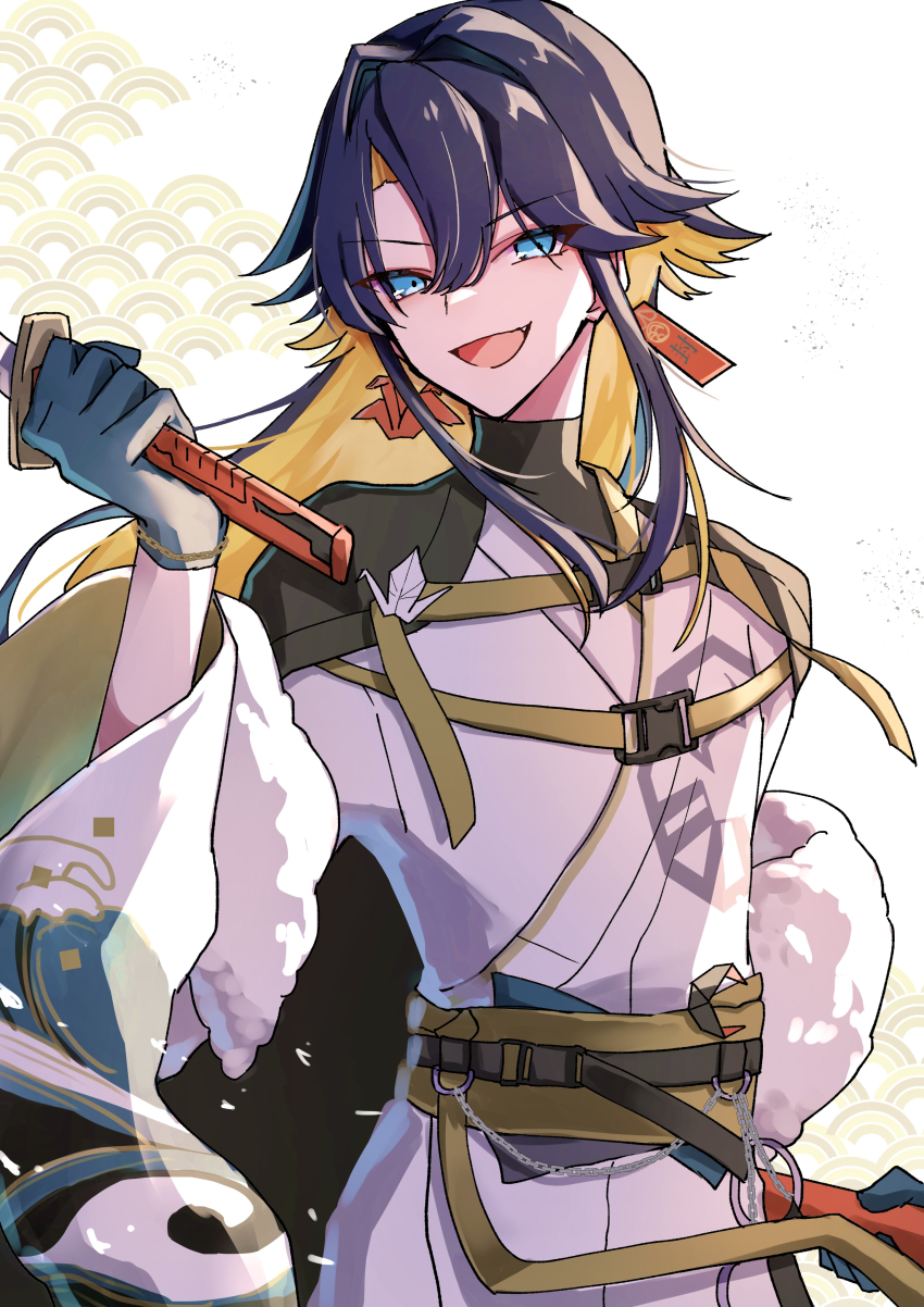 0_sakana_san, 1boy, :d, absurdres, aqua_gloves, belt, black_belt, black_cape