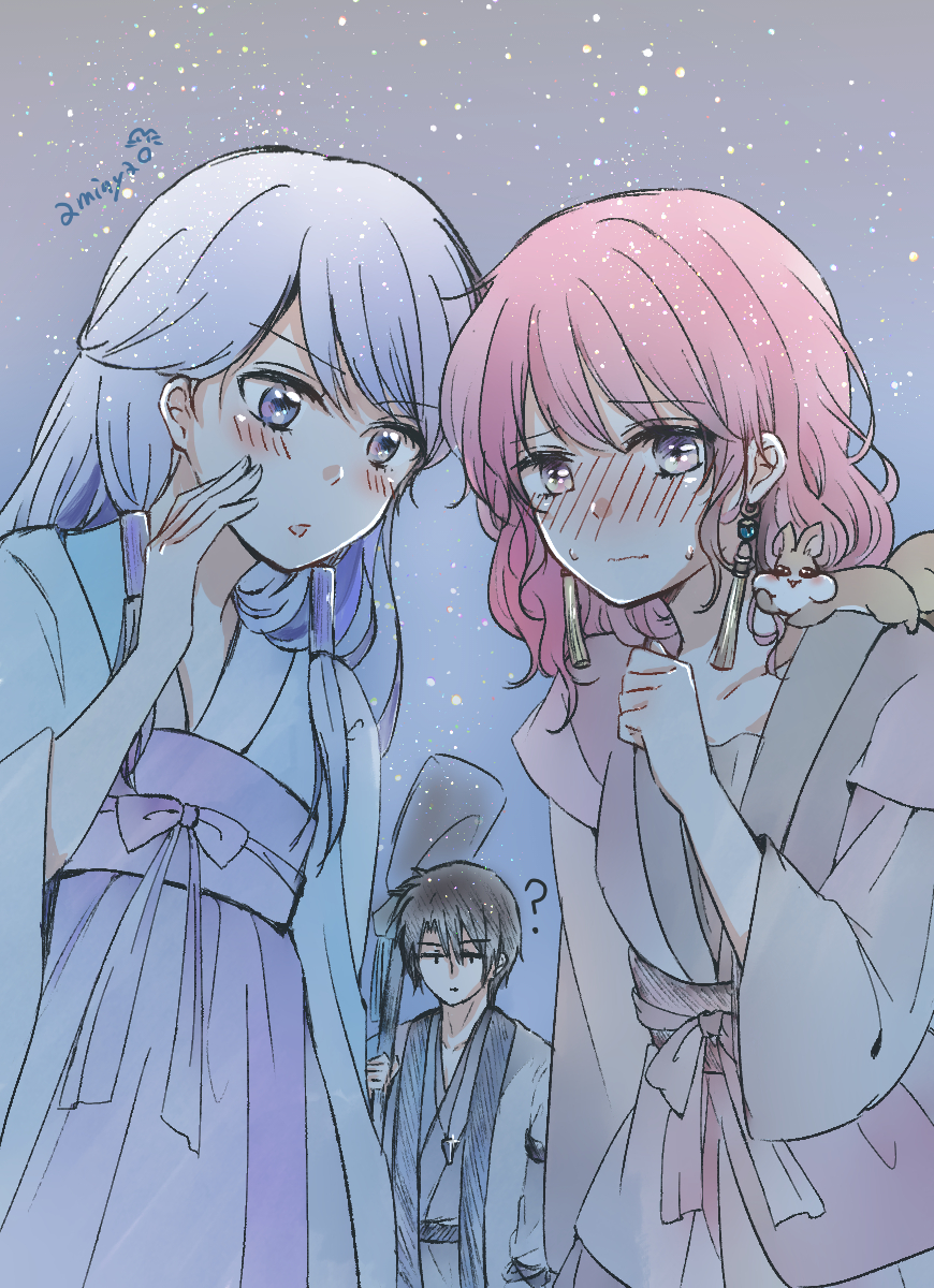 1boy, 2girls, 3girls, akatsuki_no_yona, aminyao, an_lili, animal, animal_on_shoulder