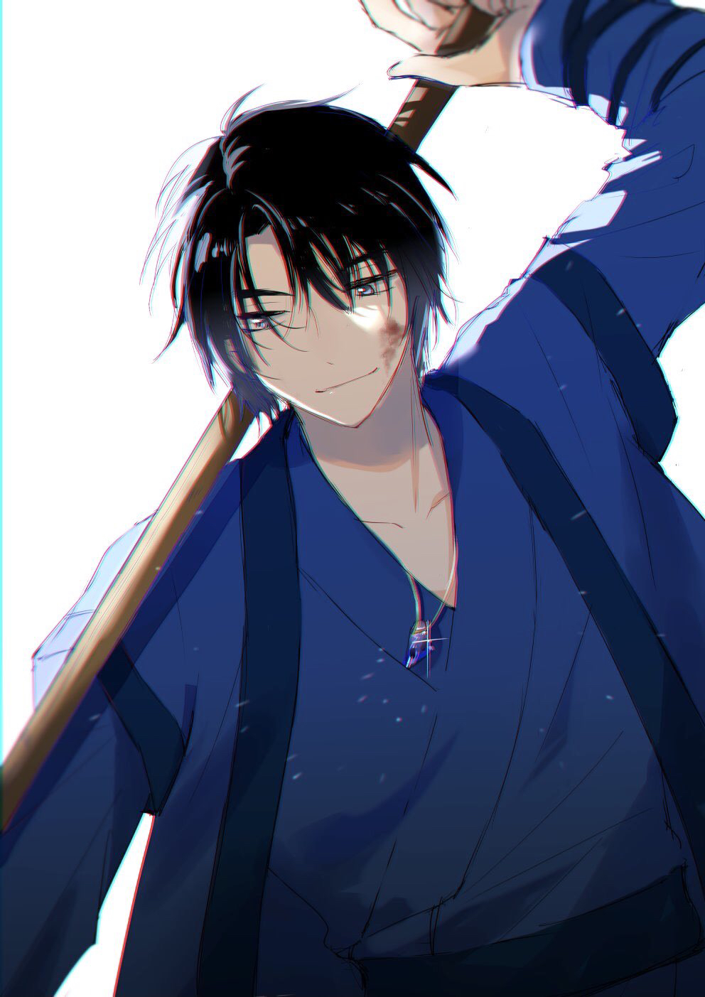 1boy, akatsuki_no_yona, black_hair, blood, blood_on_face, blue_eyes, blue_robe, facing_viewer