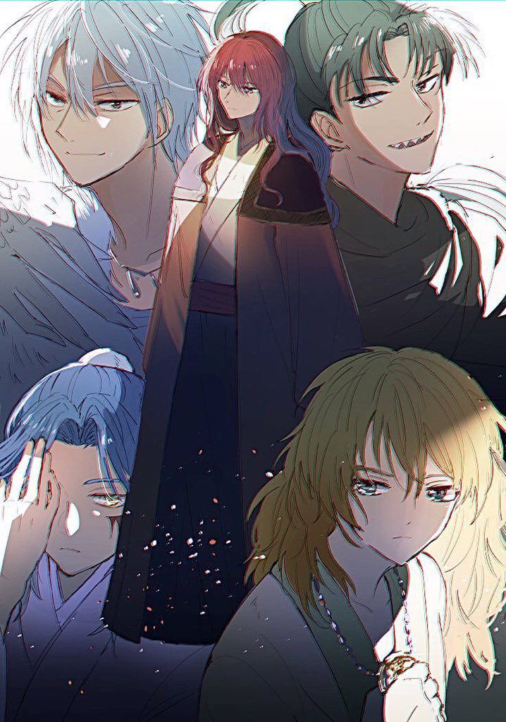 5boys, abi_(akatsuki_no_yona), akatsuki_no_yona, androgynous, blonde_hair, blue_eyes, blue_hair, brown_eyes, green_eyes, green_hair, gu-en_(akatsuki_no_yona), hiryuu_(akatsuki_no_yona), korean_clothes, long_hair, male_focus, multiple_boys, red_hair, sharp_teeth, short_hair, shu-ten_(akatsuki_no_yona), teeth, to_mi4922, white_background, white_hair, yellow_eyes, zeno_(akatsuki_no_yona)