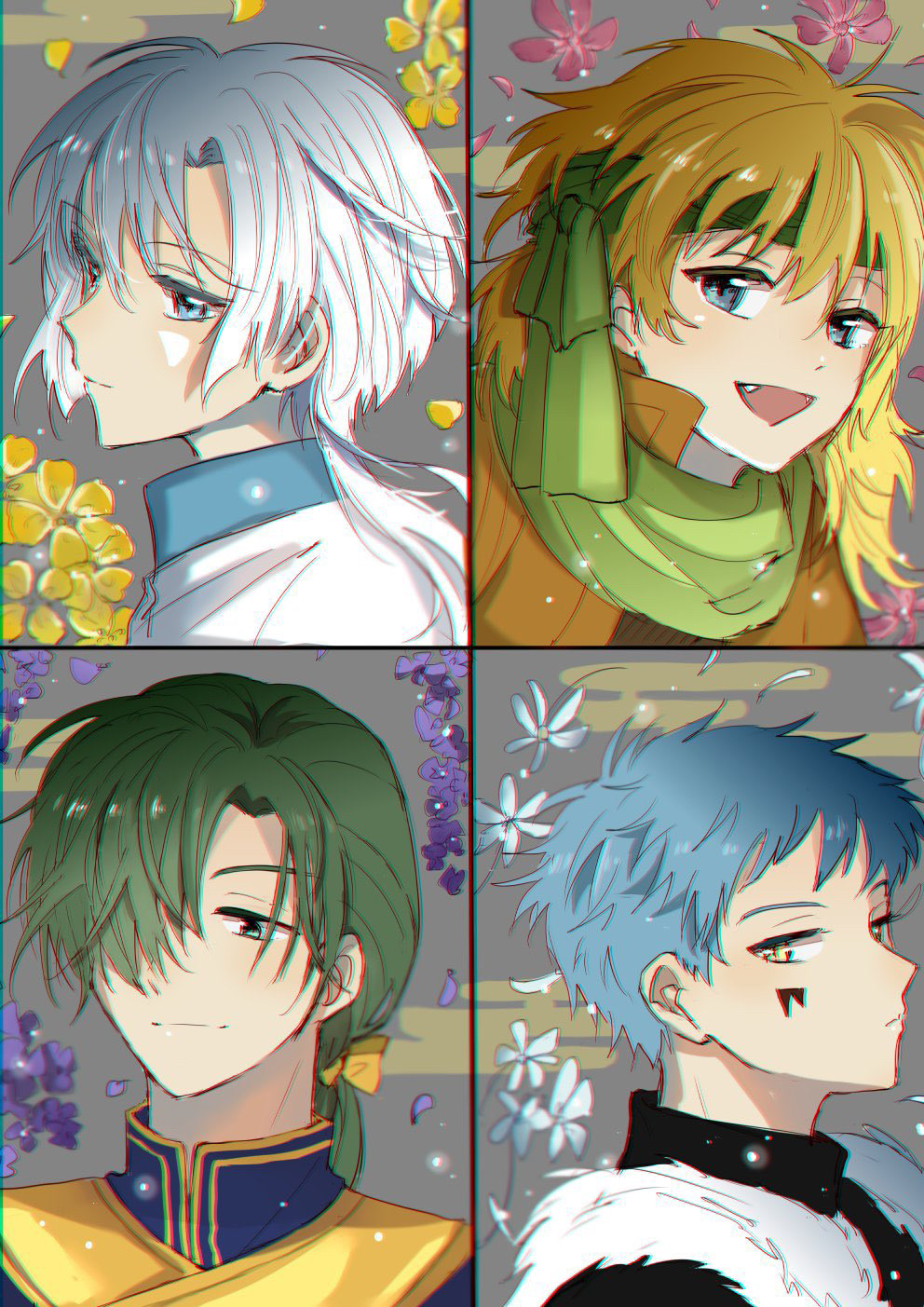 4boys, akatsuki_no_yona, blonde_hair, blue_eyes, blue_hair, closed_mouth, green_hair, highres