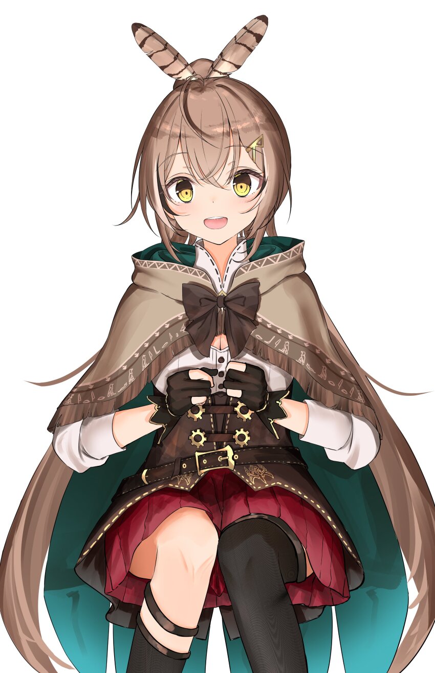 1girl, :d, absurdres, ahoge, asymmetrical_legwear, belt, brown_capelet, brown_cloak