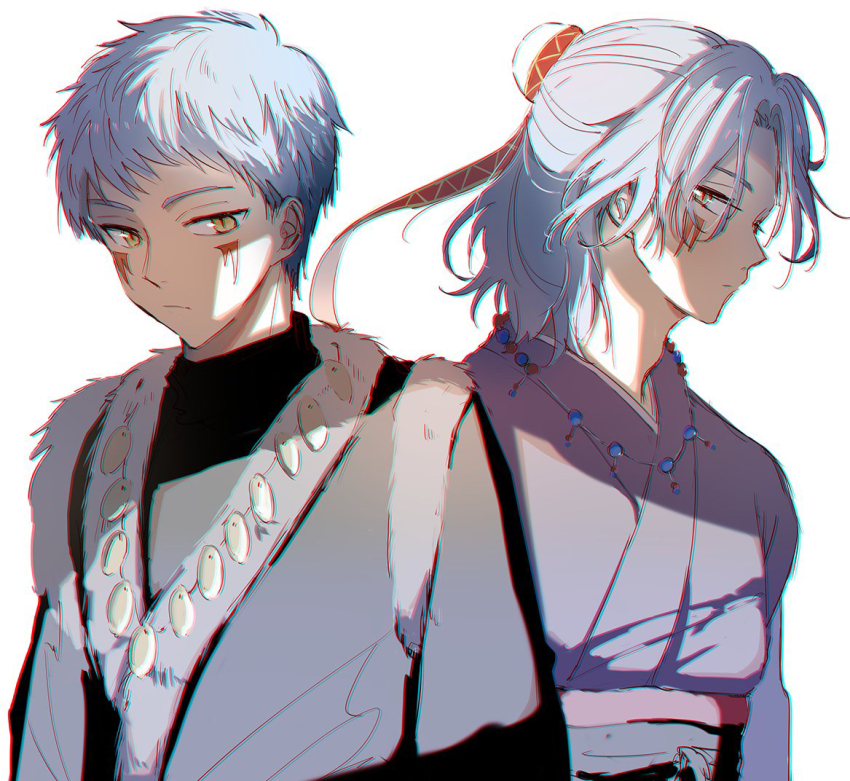 2boys, abi_(akatsuki_no_yona), akatsuki_no_yona, androgynous, blue_hair, closed_mouth, facial_mark, facing_to_the_side