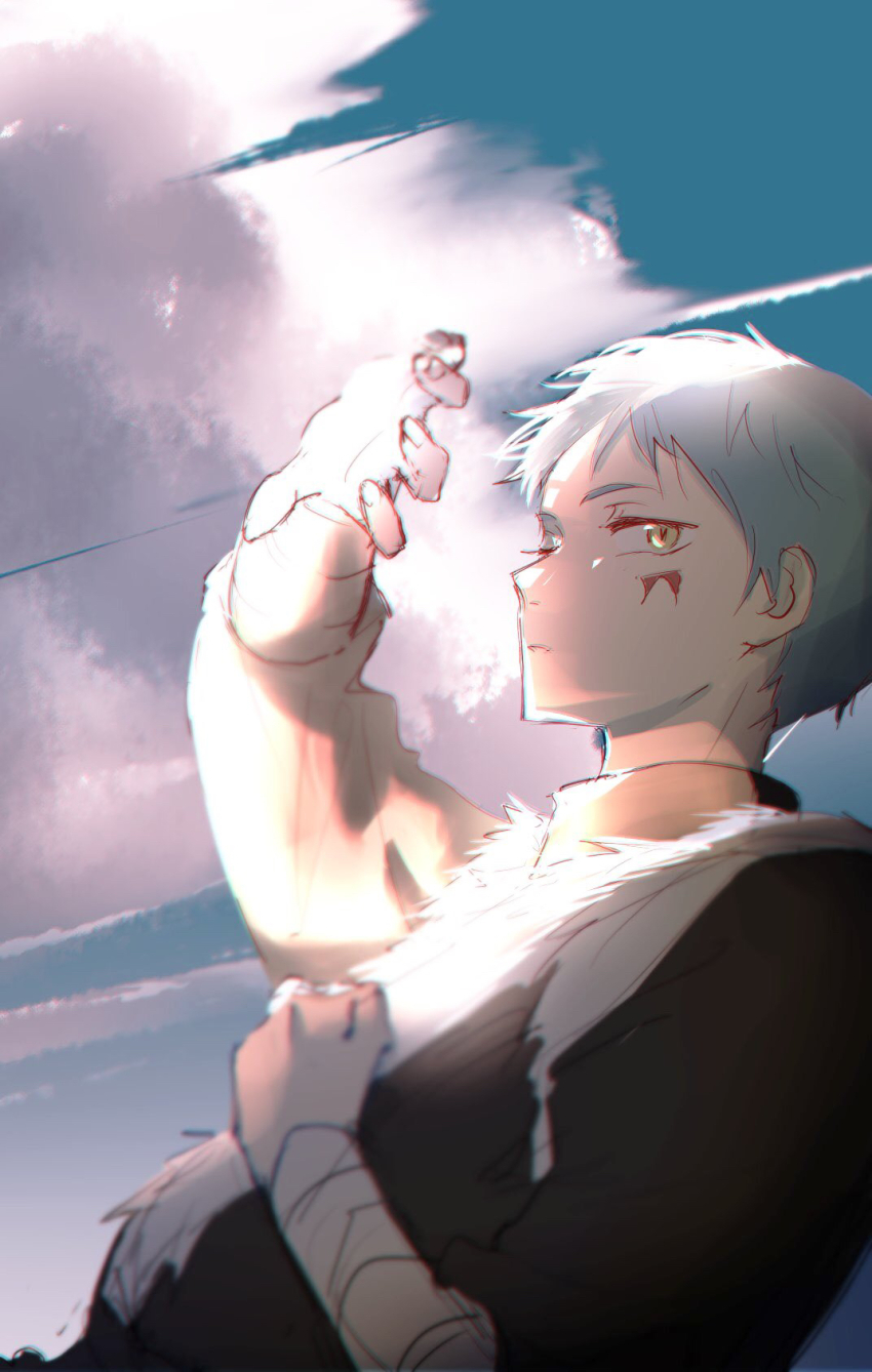 1boy, akatsuki_no_yona, bandages, blue_hair, blue_sky, closed_mouth, cloud, cloudy_sky