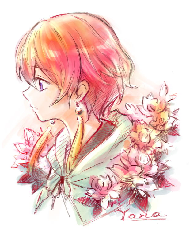 1girl, akatsuki_no_yona, character_name, cloak, earrings, facing_to_the_side, flower, jewelry