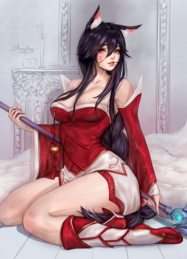 1girl, ahri_(league_of_legends), animal_ear_fluff, animal_ears, artist_name, bare_shoulders, bell, black_hair